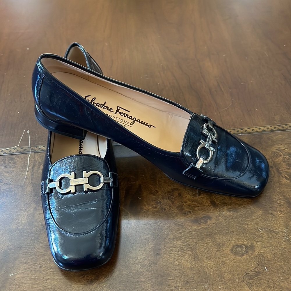 Salvatore Ferragamo Navy Blue Patent Leather Bit Loafers - Picture 7 of 12